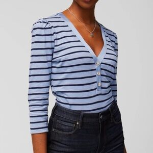 WHBM Top M Blue Striped Henley Long Sleeve Tee Shirt V-Neck